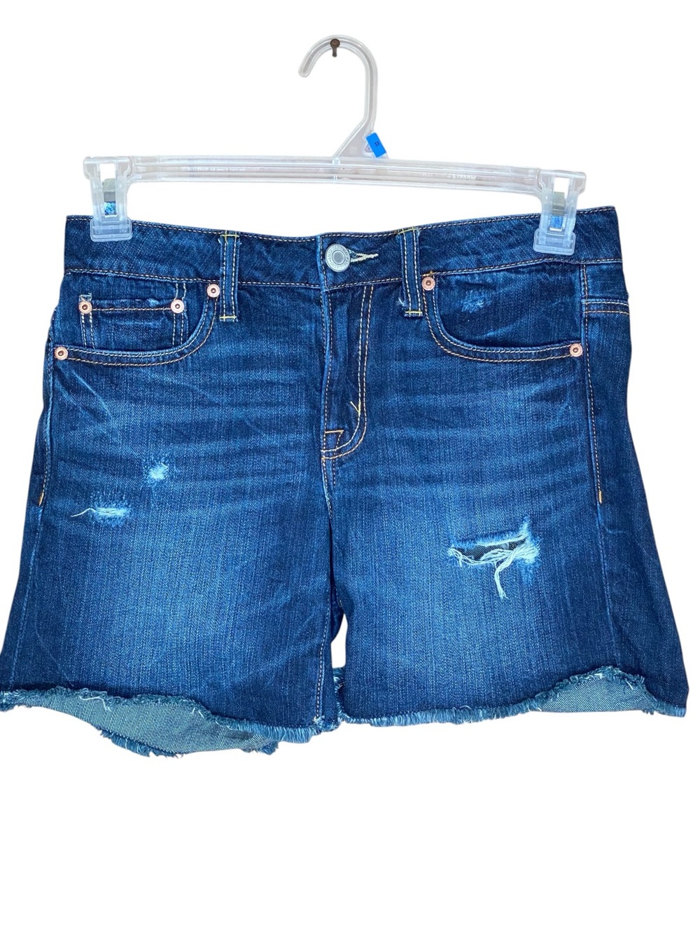 American Eagle Distressed Denim Cutoffs Raw Hem Dark Wash 5 Pocket Size 2